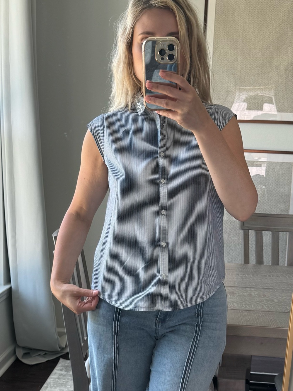 Sleeveless Striped Button-Down Shirt with Embellished Collar - Blue/White - Picture 9 of 12